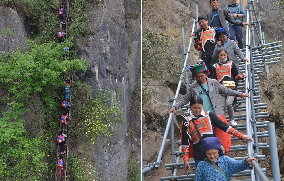 “懸崖村”今昔對(duì)比：左圖為2016年5月14日，孩子們?cè)诩议L(zhǎng)保護(hù)下攀爬木梯回家。右圖為2020年5月13日，昭覺(jué)縣支爾莫鄉(xiāng)阿土列爾村村民帶著行李通過(guò)鋼梯下山，搬遷至易地扶貧集中安置點(diǎn)的新家。